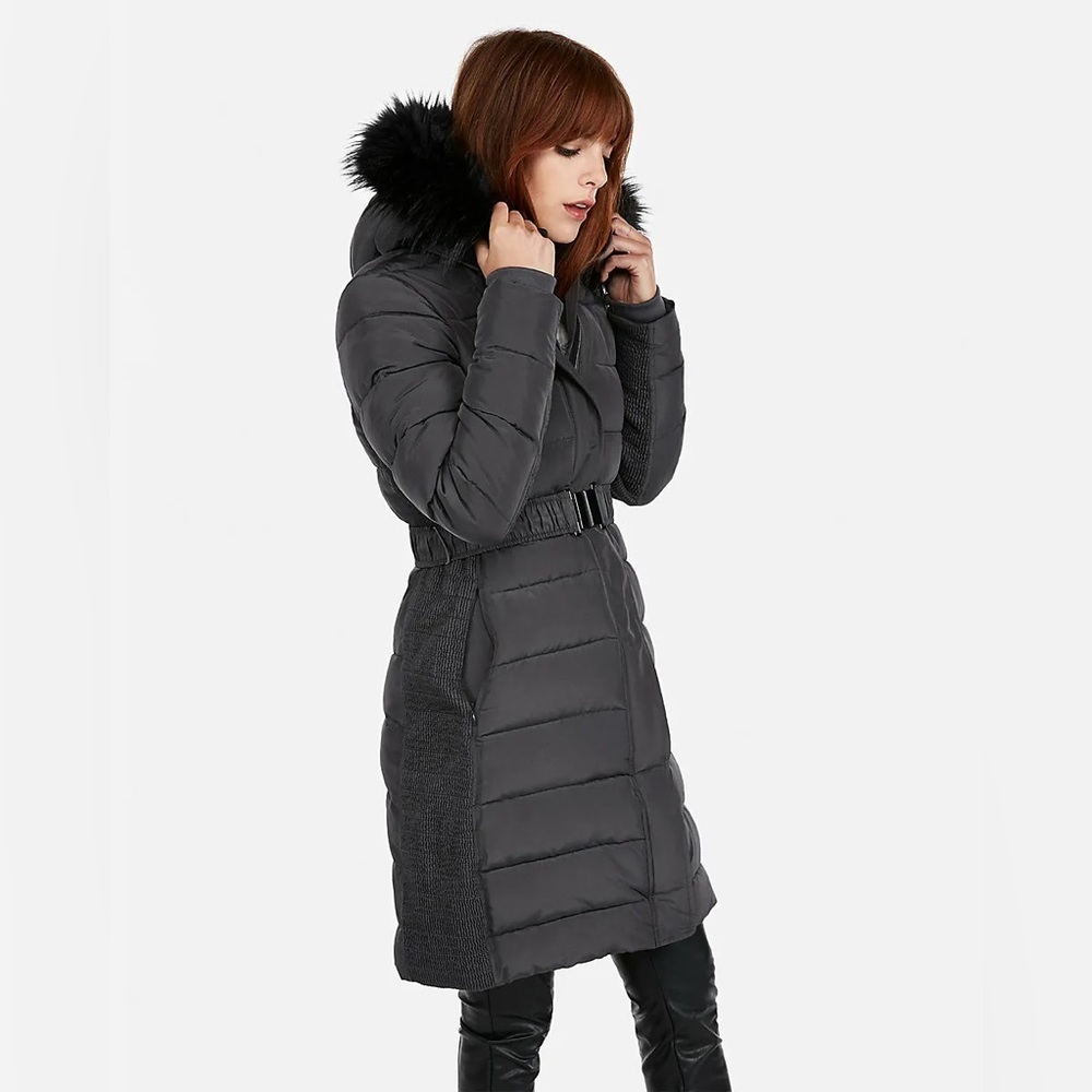 Express long belted puffer coat